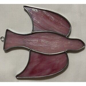 Stained Glass Pink Iridescent Bird Window Sun Catcher Ornament Handmade 6”x 5.5”